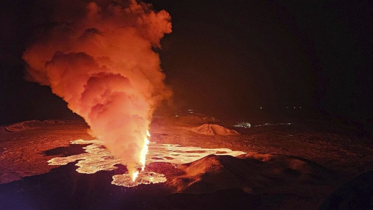 Aerial view of the volcano erupting, north of Grindavík, Iceland, Thursday, Feb. 8, 2024.