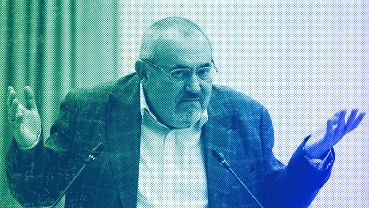 Boris Nadezhdin gestures while speaking at a meeting of the Russia