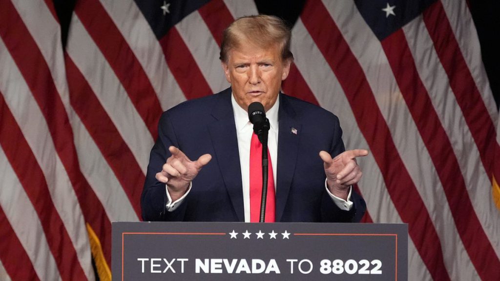 Republican presidential candidate former President Donald Trump speaks at a caucus night rally in Las Vegas, Thursday, Feb. 8, 2024.