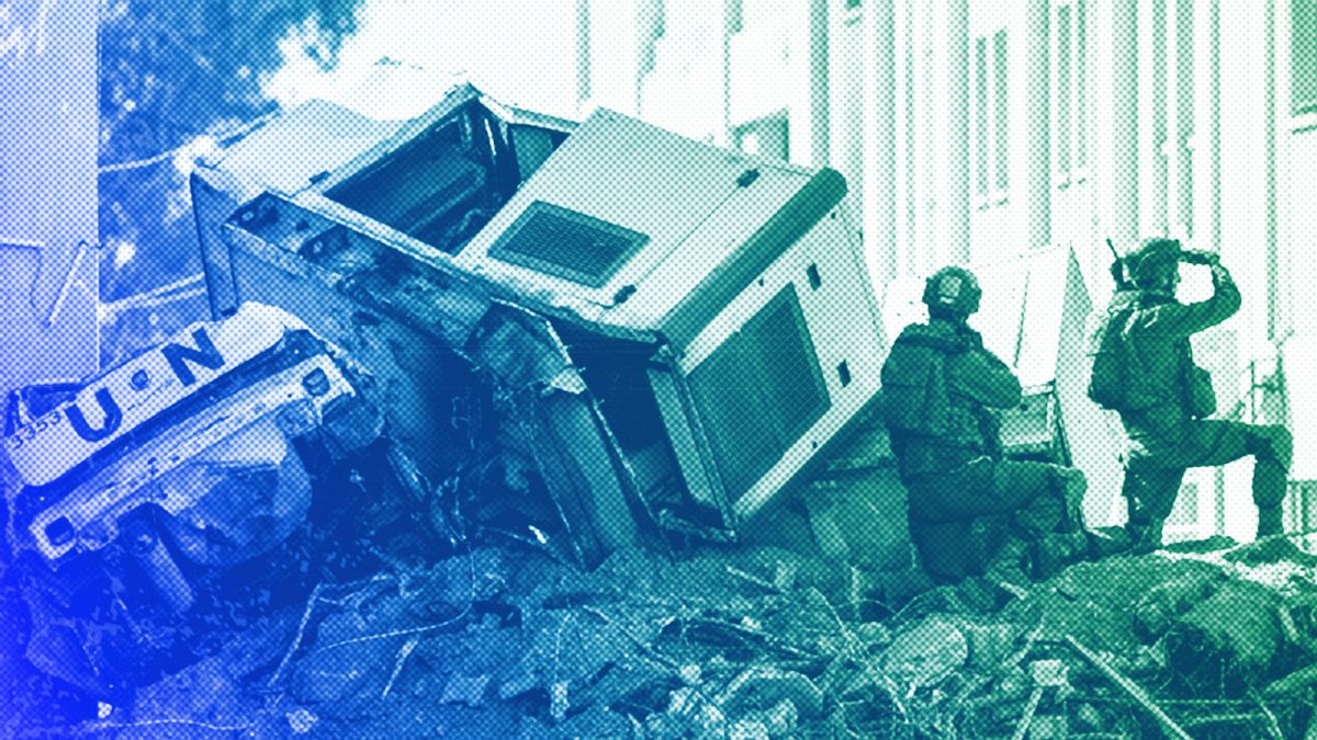 Israeli soldiers stake position next to crumpled-up UN vehicles perched precariously atop building debris in UNRWA compound, in Gaza, February 2024