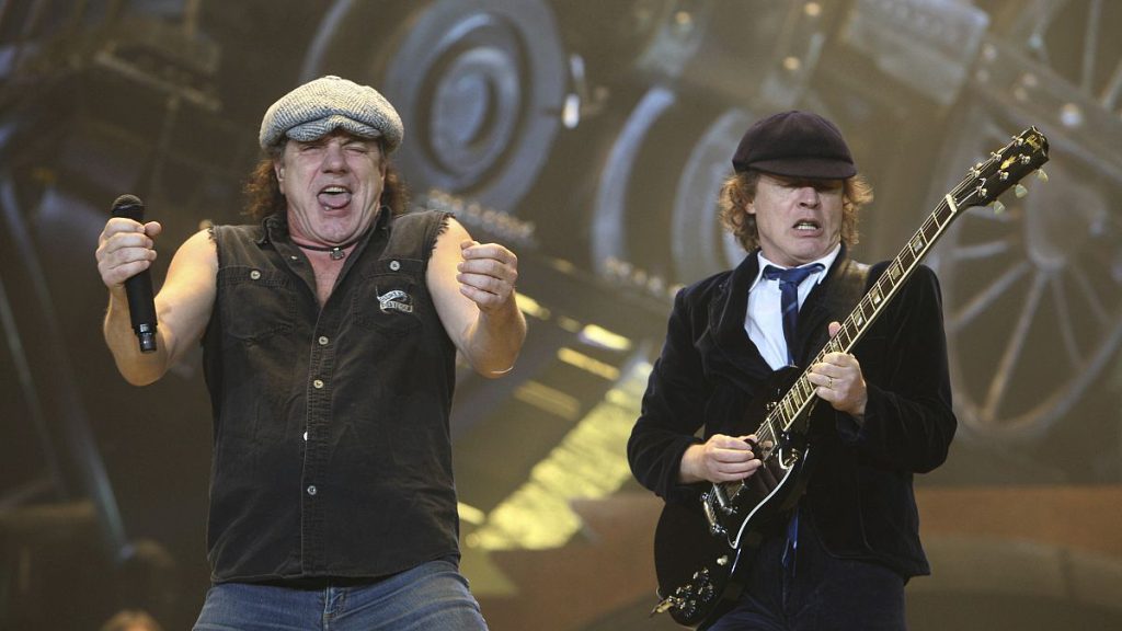 Brian Johnson (left) and Angus Young (right) of AC/DC perform at the Oracle Arena in Oakland, California on Tuesday, 2 December, 2008.