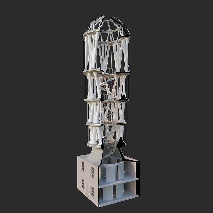Konstrukcja o wysokości 30 metrów składa się z 32 kolumn w kształcie litery Y, z pięcioma poziomami połączonymi centralną, krętą klatką schodową.