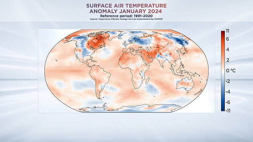 W styczniu na dużej części globu było cieplej niż zwykle.  Dane z usługi Copernicus ds. zmian klimatycznych.