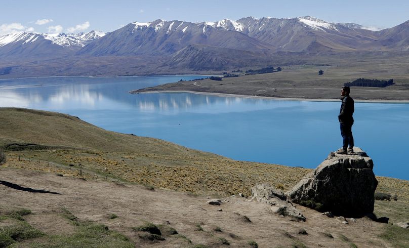 turysta stoi na skale, patrząc na jezioro Tekapo i Alpy Południowe w Nowej Zelandii, październik 2018 r.