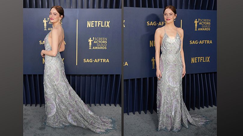 Emma Stone, nominowana do nagrody dla najlepszej aktorki w filmie dramatycznym, zachwycała się szytą na miarę suknią Louis Vuitton ze srebrnymi zdobieniami.
