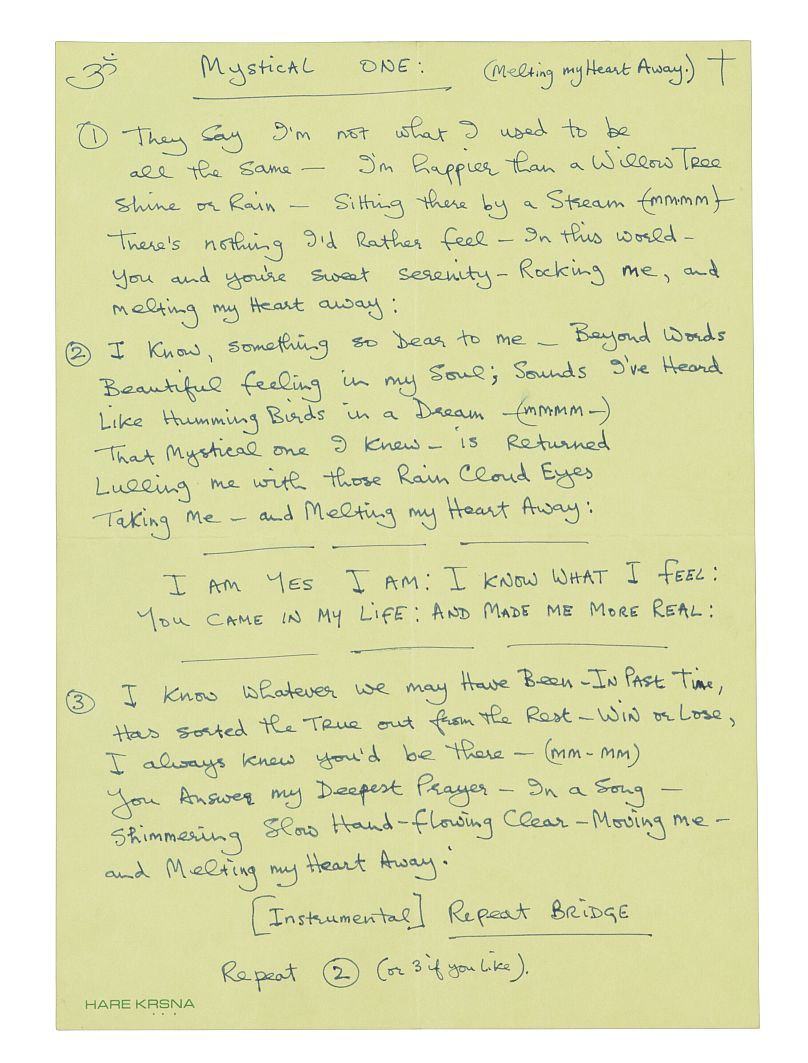 Rzadki zestaw odręcznych tekstów do piosenki pisanych pismem George'a Harrisona "Mistyczny"którego cenę szacuje się na 30 000–50 000 funtów.