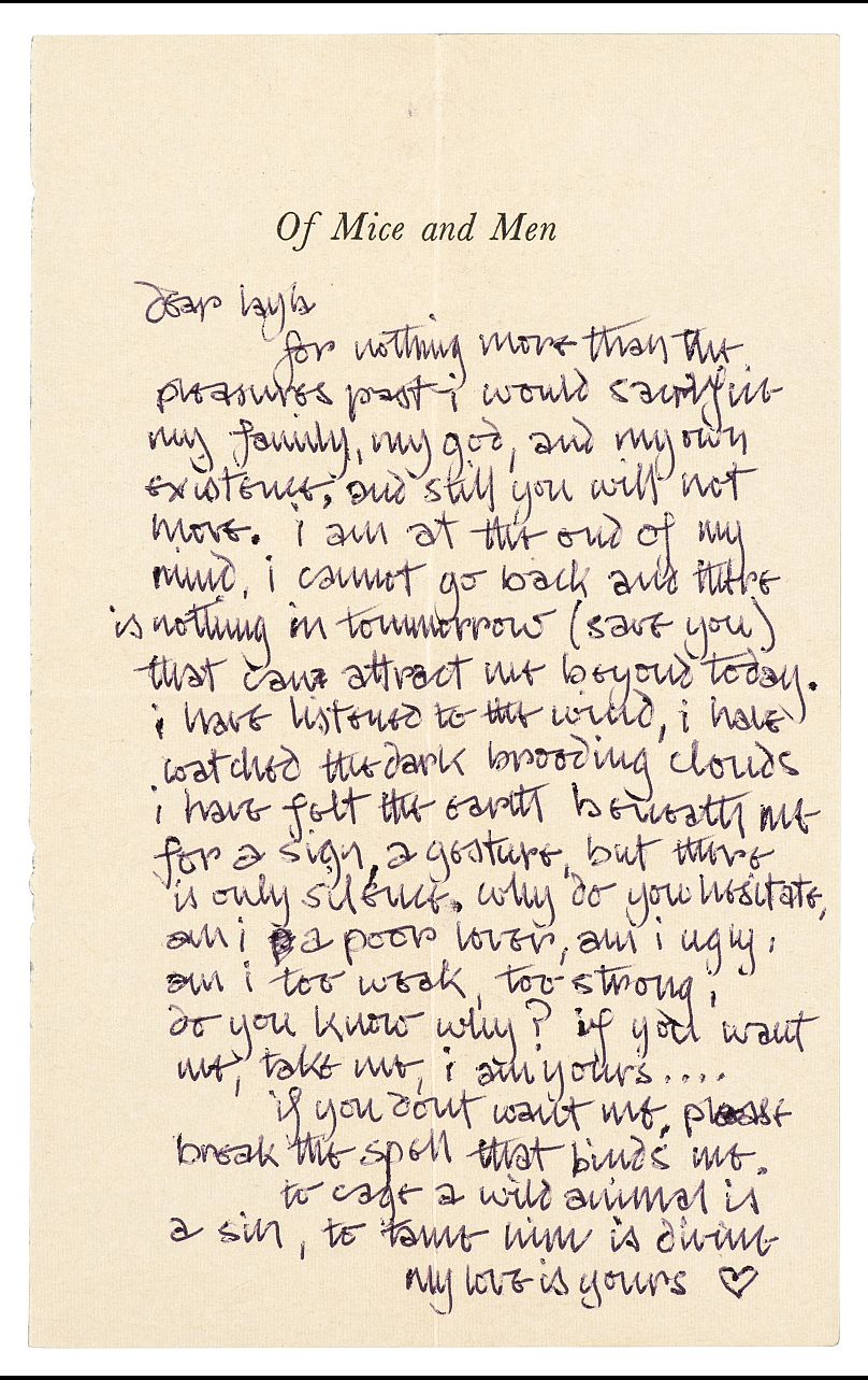 Drugi list miłosny Erica Claptona do Pattie Boyd, napisany na stronie książki „Of Mice and Men” w 1970 roku, gdy Boyd był jeszcze żonaty z Georgem Harrisonem.
