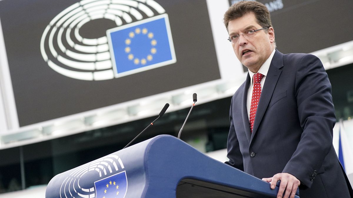 Janez Lenarčič, European Commissioner for humanitarian aid and crisis management, speaks before the European Parliament in Strasbourg on 27 February 2024.