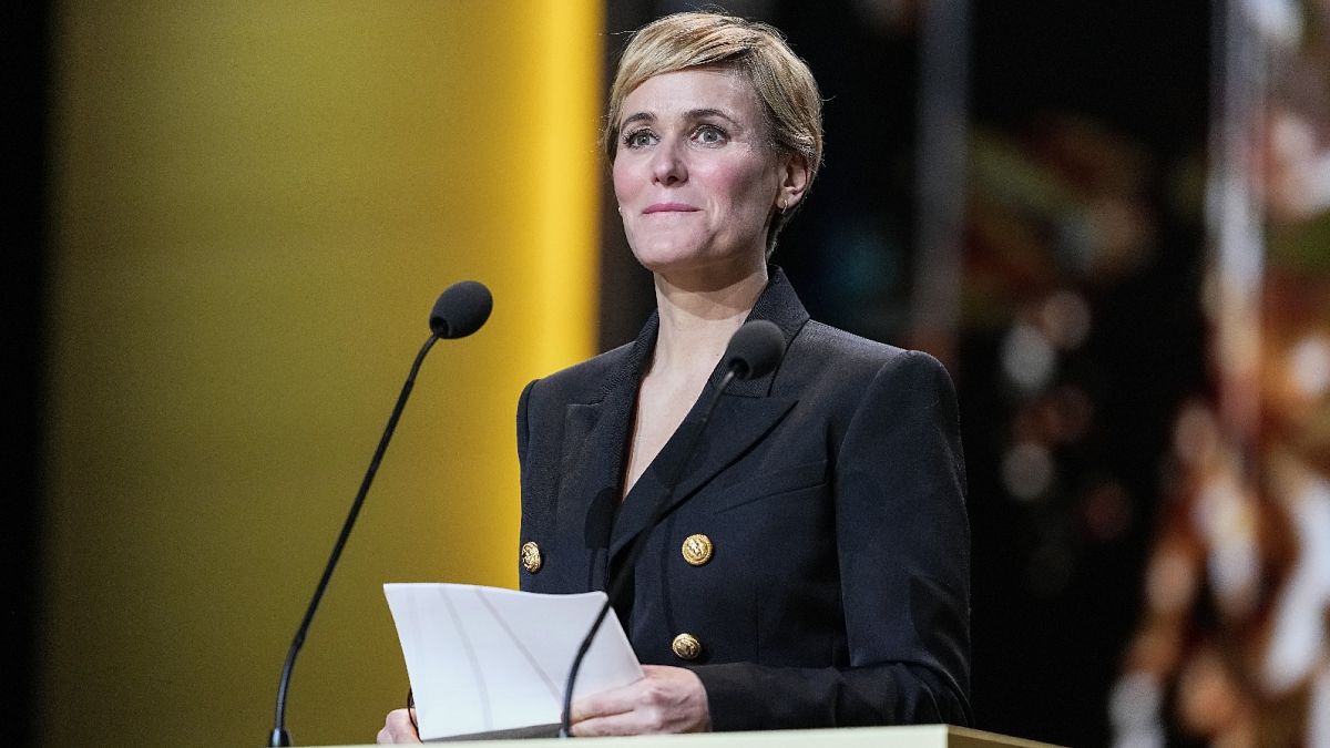 French actress Judith Godreche speaks during the 49th Cesar Award ceremony in Paris, Friday, Feb. 23, 2024.