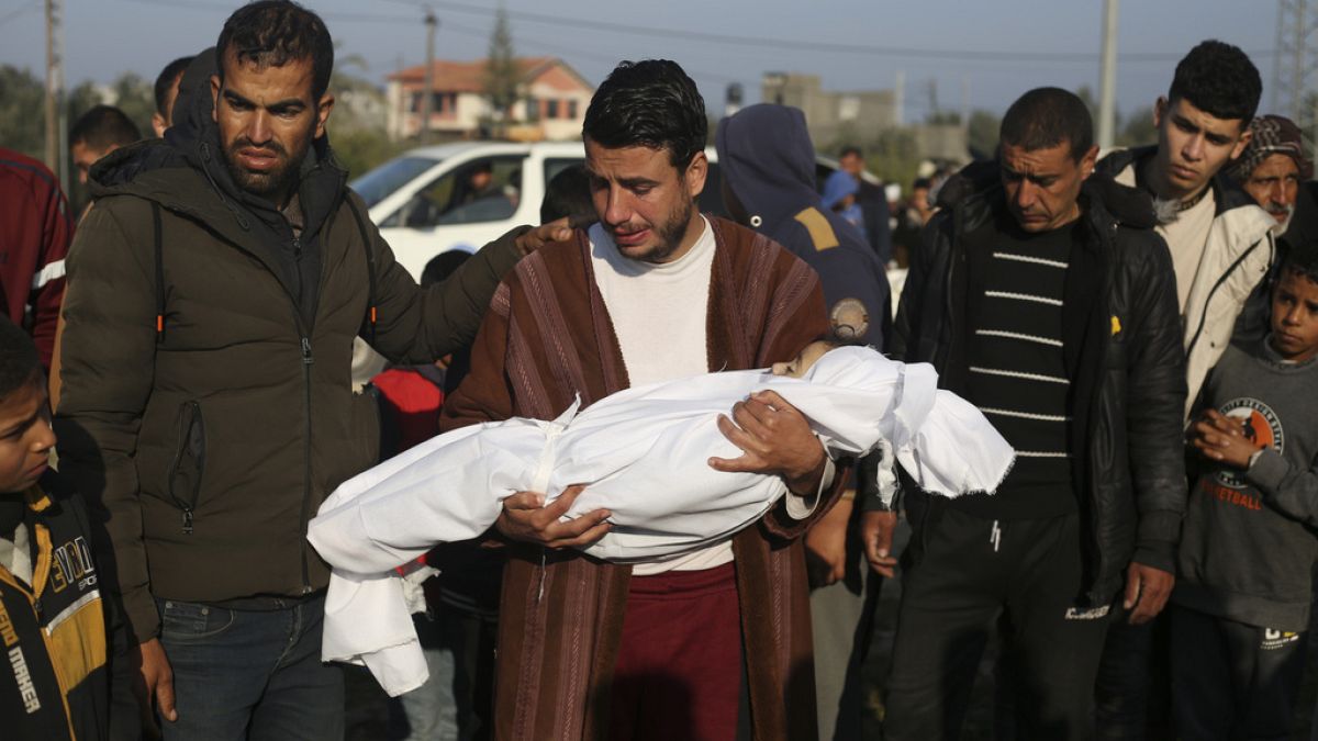 Palestinian Abdul Rahman Sharif holds the body of his four-year-old son Abdul Rahman Muamm, killed in the Israeli bombardment of the Gaza Strip, Feb. 26, 2024.