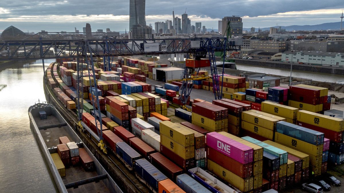 Containers are pictured in the small harbour in Frankfurt, Germany, Tuesday, Feb. 13, 2024.