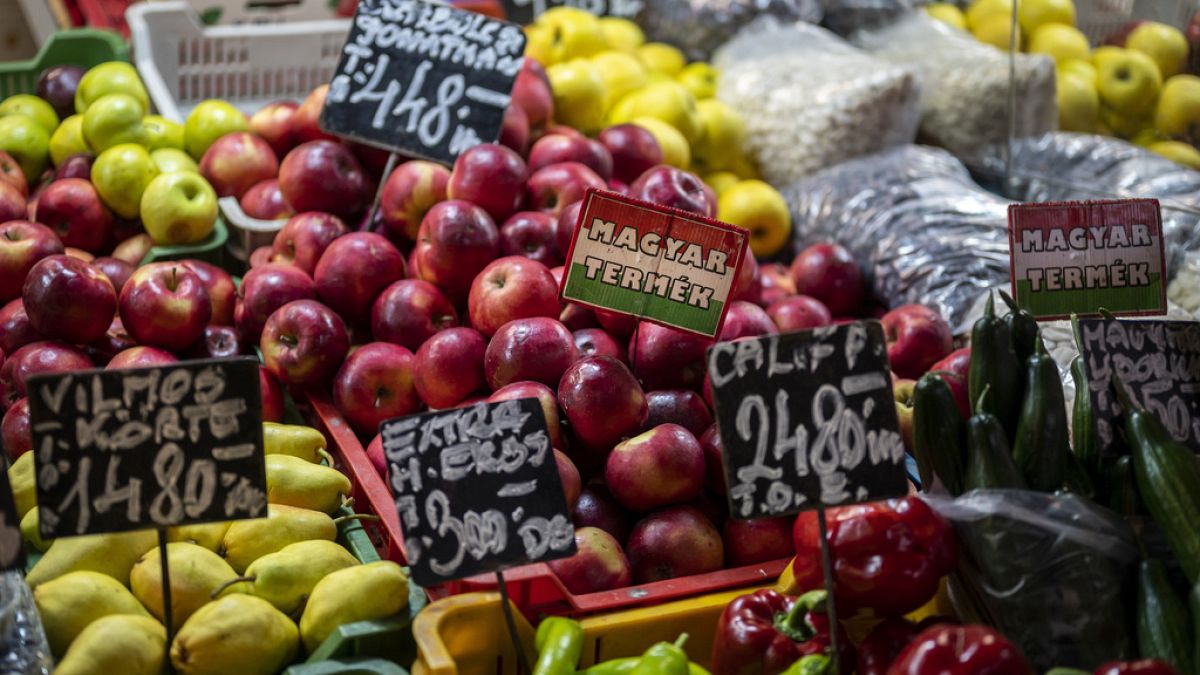 Domestic harvested fruits and vegetables are displayed in Budapest