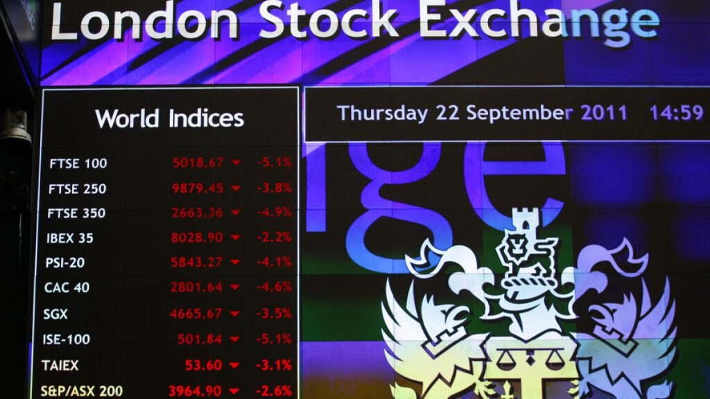 A screen displays market information inside the London Stock Exchange in the City of London, Thursday, Sept. 22, 2011.