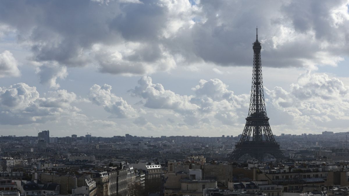 The Eiffel Tower is pictured from the top of the Arc de Triomphe, Monday, Feb. 12, 2024 in Paris. (AP Photo/Aurelien Morissard)