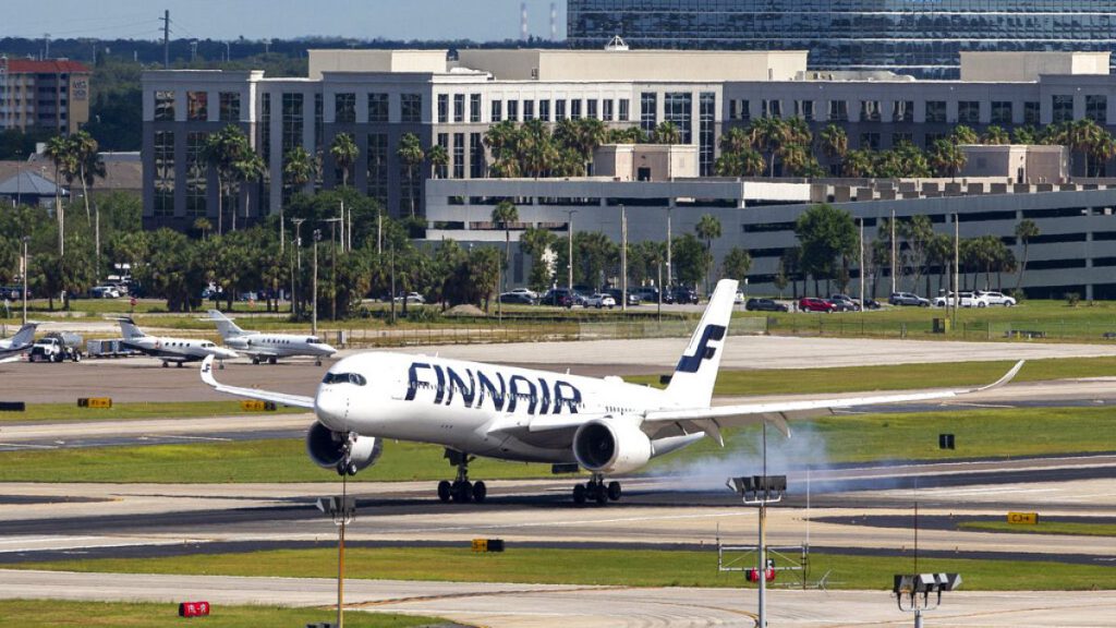 A Finnair Airbus A350 lands at Tampa International Airport, Tuesday, May 31, 2022, in Tampa, Fla.