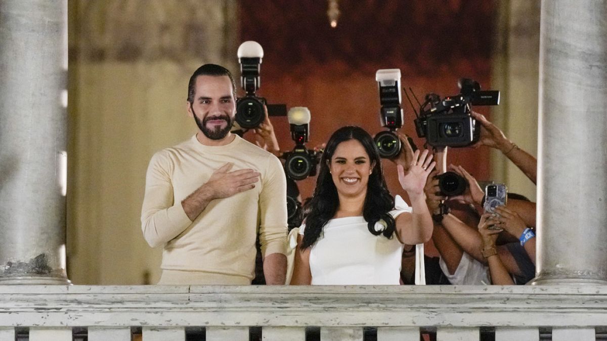 El Salvador President Nayib Bukele, left, accompanied by his wife Gabriela Rodriguez.