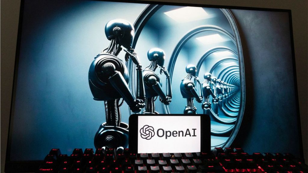 The OpenAI logo is seen displayed on a cell phone with an image on a computer screen generated by ChatGPT