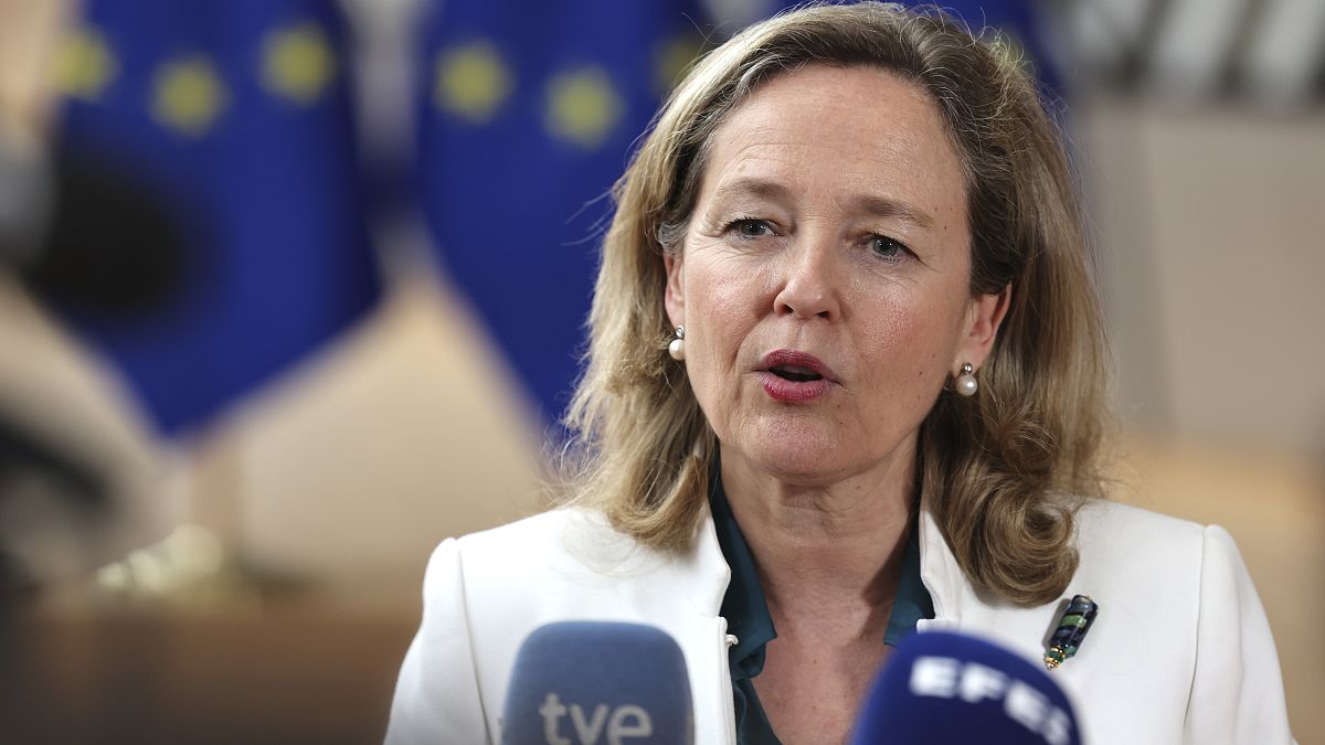 Then Spanish Economy Minister Nadia Calviño speaks with the media at a meeting of eurozone finance ministers at the European Council in Brussels. May 15, 2023.