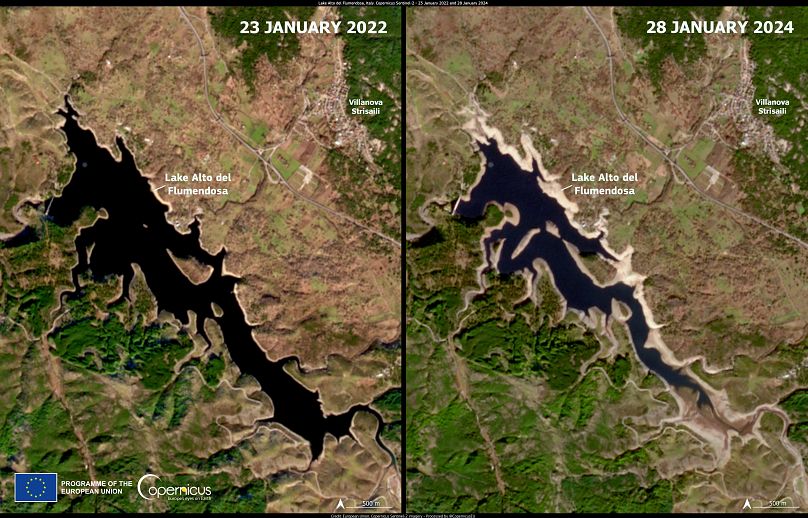 Te zdjęcia jeziora Alto del Flumendosa, które dostarcza słodką wodę do dużej części wschodniej Sardynii, pokazują znaczny spadek poziomu wody.