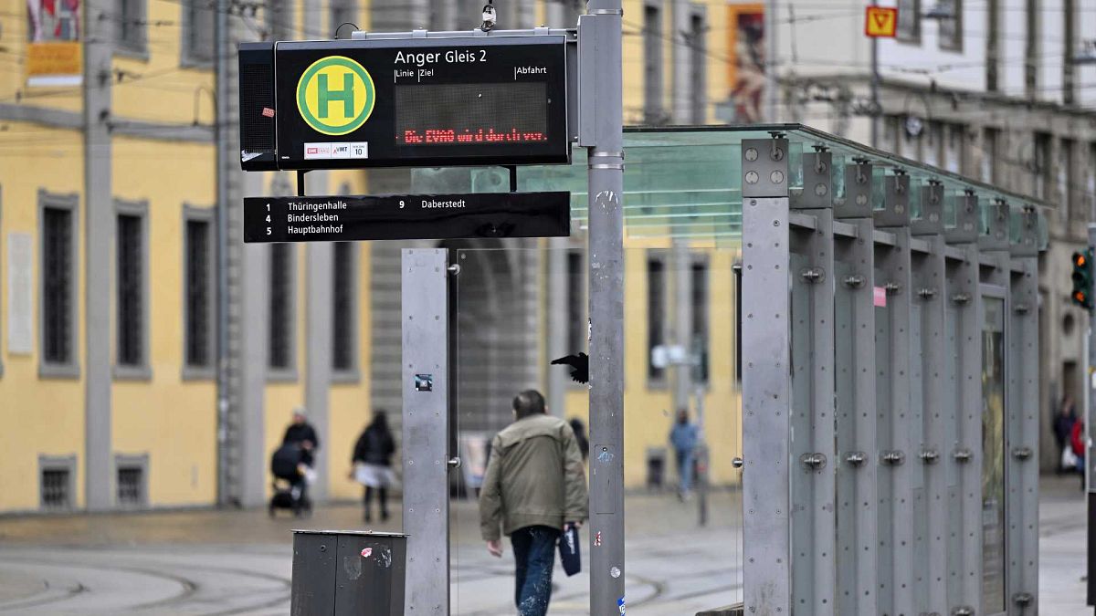 An empty Erfurter Verkehrsbetriebe AG (EVAG) streetcar stop is pictured in Erfurt, Germany, Friday Feb. 2, 2024.