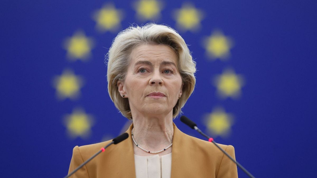 European Commission President Ursula von der Leyen delivers her speech at European Parliament in Strasbourg, eastern France, Tuesday, Feb. 6, 2024.