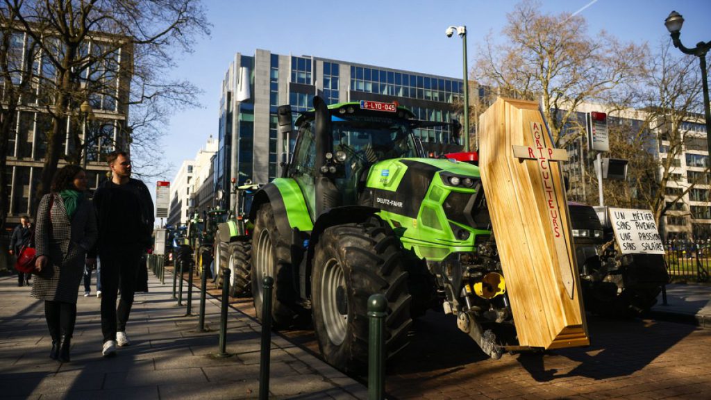 Parked tractors near the European Parliament during a protest by farmers as European leaders meet for an EU summit in Brussels, Thursday, Feb. 1, 2024.