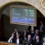 A display shows results during a vote by lawmakers which is expected to approve Sweden