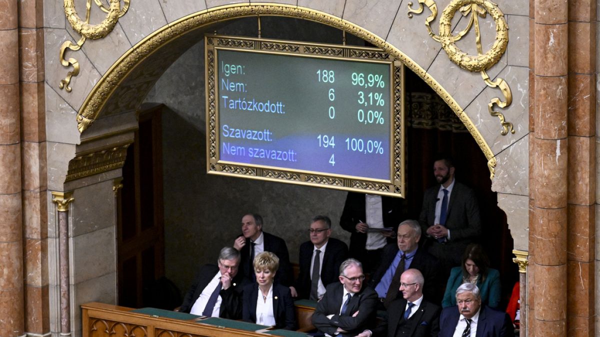 A display shows results during a vote by lawmakers which is expected to approve Sweden