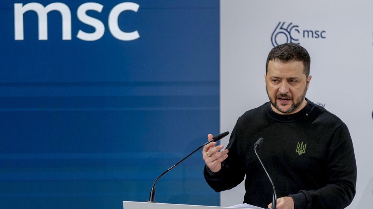 Ukrainian President Volodymyr Zelenskyy delivers a speech at the Munich Security Conference at the Bayerischer Hof Hotel in Munich, Germany, Feb. 17, 2024.