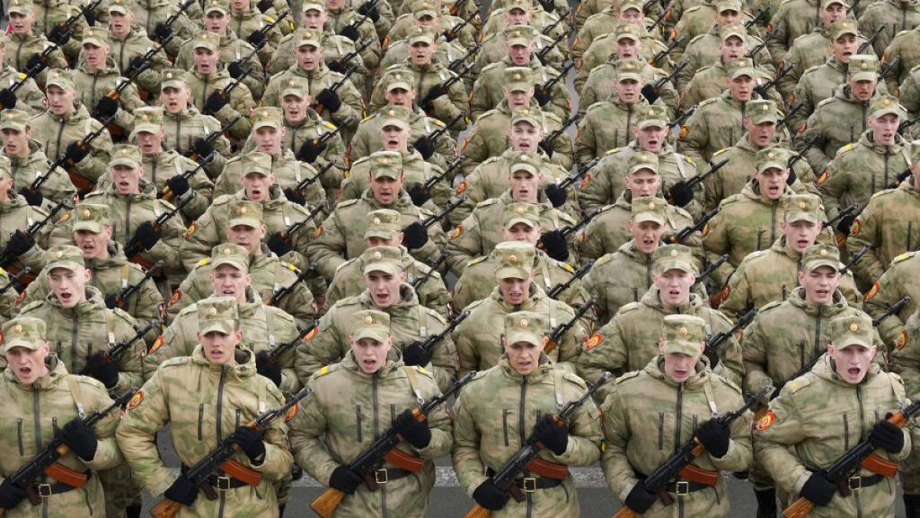 Troops march during a rehearsal for the Victory Day in St. Petersburg, Russia, Thursday, May 5, 2022.