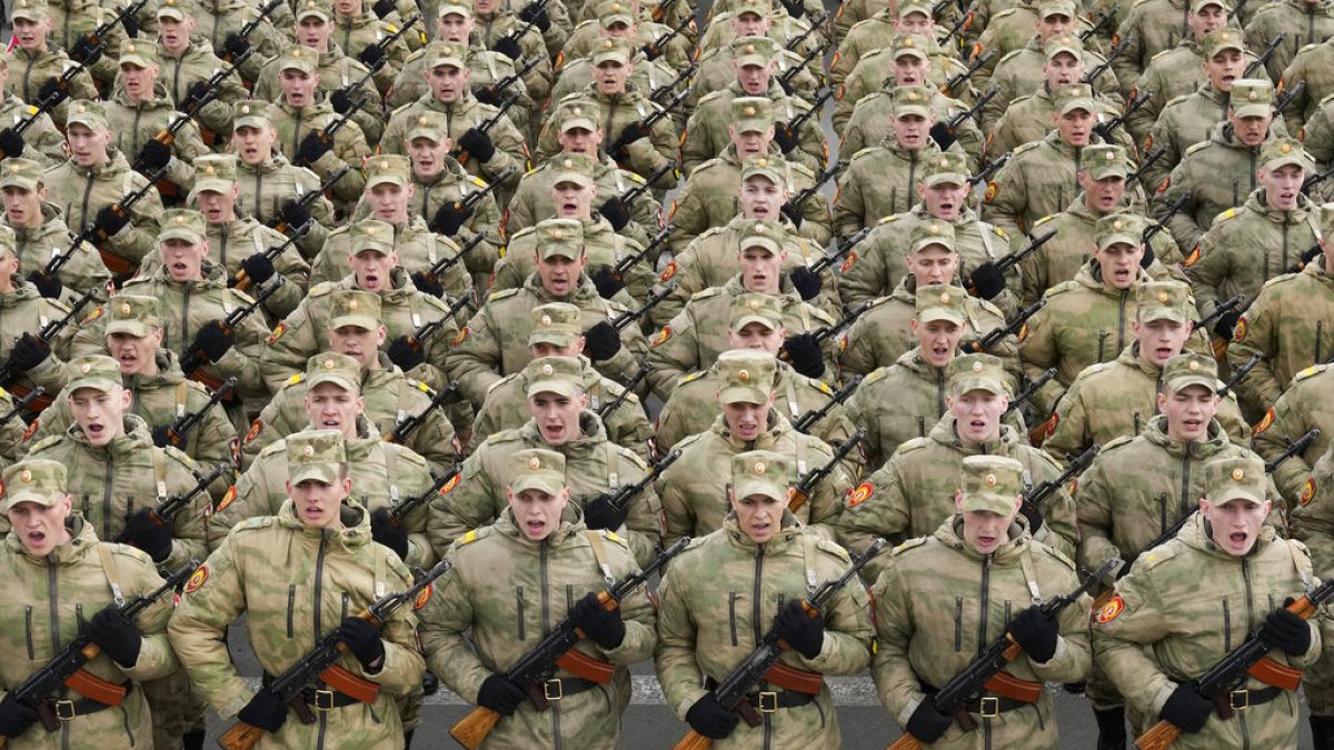 Troops march during a rehearsal for the Victory Day in St. Petersburg, Russia, Thursday, May 5, 2022.