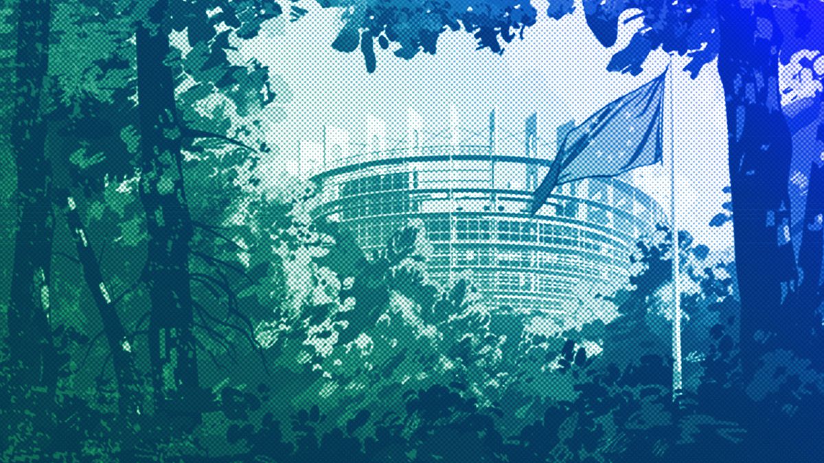 The European Parliament building in a forest, illustration