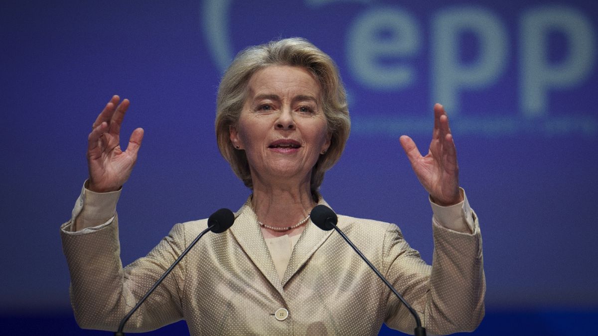 European Commission President Ursula von der Leyen addresses the EPP Congress in Bucharest, Romania, March 7, 2024.