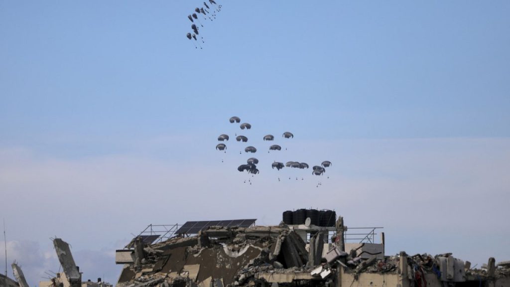 United States Air Force drops humanitarian aid to Palestinians in the Gaza Strip, Saturday, March 9, 2024.