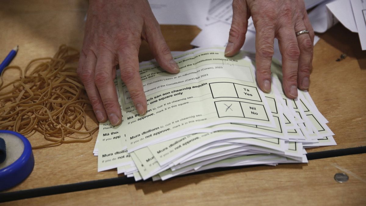 Counting in progress for the twin referendum to change the Constitution on family and care continues at the Royal Dublin Society (RDS), in Dublin, Saturday, March 9, 2024.