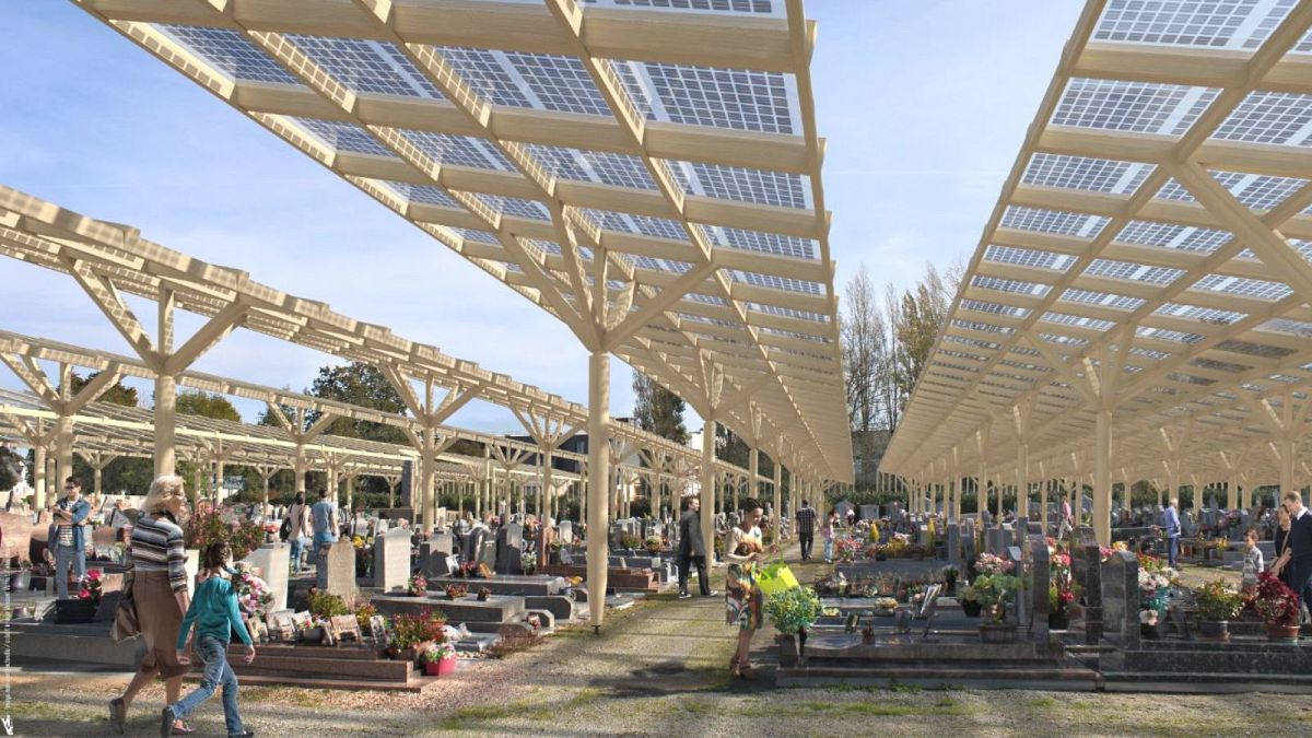 A digital simulation of the cemetery’s solar canopy, which will tackle flooding and energy costs.