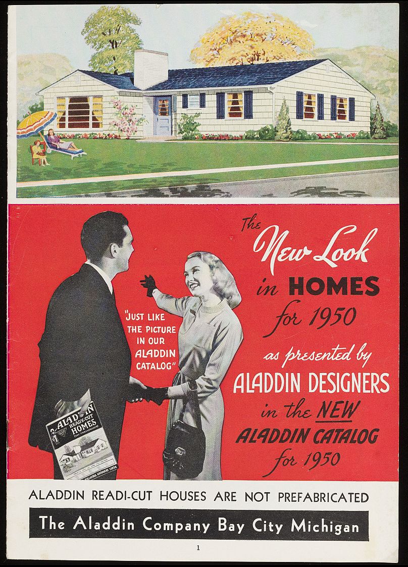 Strona z katalogu z 1950 roku wyprodukowanego przez firmę Aladdin zajmującą się sprzedażą domów wysyłkową.