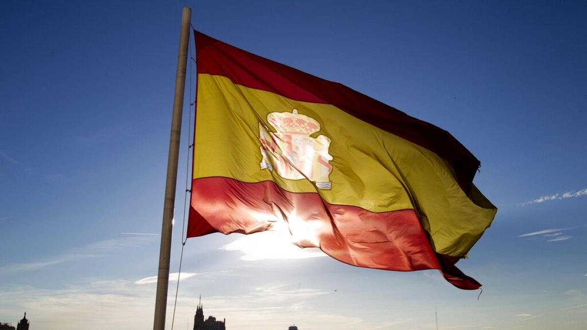 A Spanish flag flies above part of the Madrid skyline, Monday July 2, 2012.