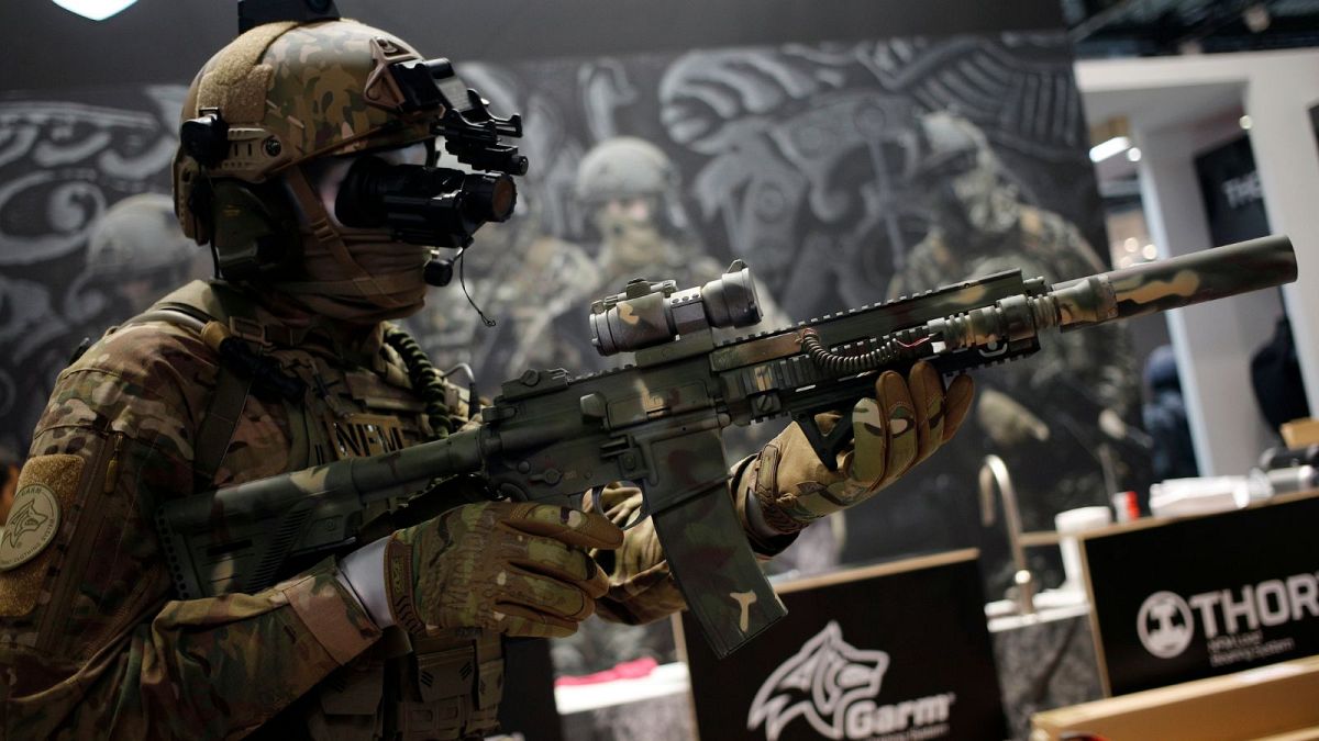 Military equipment is displayed at the Eurosatory defense and security trade show in Villepinte, outside Paris, Sunday, June 10, 2018.