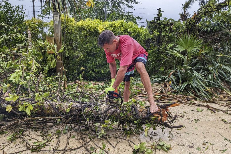 Mężczyzna używa piły łańcuchowej na powalonym drzewie w Port Vila, Vanuatu, marzec 2023 r