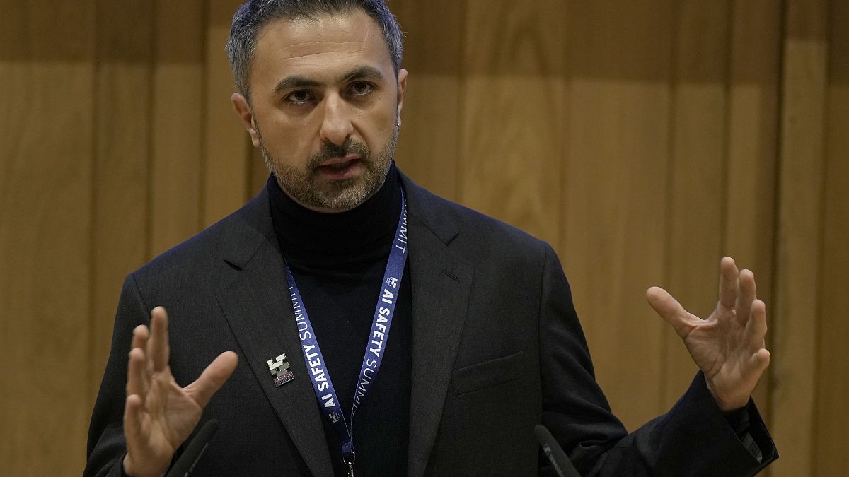 Mustafa Suleyman co founder and CEO of Inflection AI speaks to journalist during the AI Safety Summit in Bletchley Park, Milton Keynes, England, Wednesday, Nov. 1, 2023.