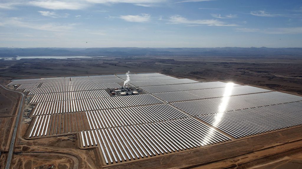 An aerial view of a solar power plant in Ouarzazate, central Morocco. Feb.4, 2016.