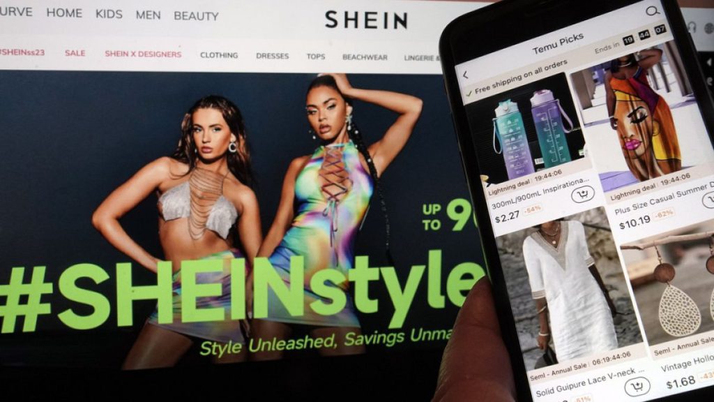 Pages from the Shein website, left, and from the Temu site, right, are shown in this photo, in New York, Friday, June 23, 2023.