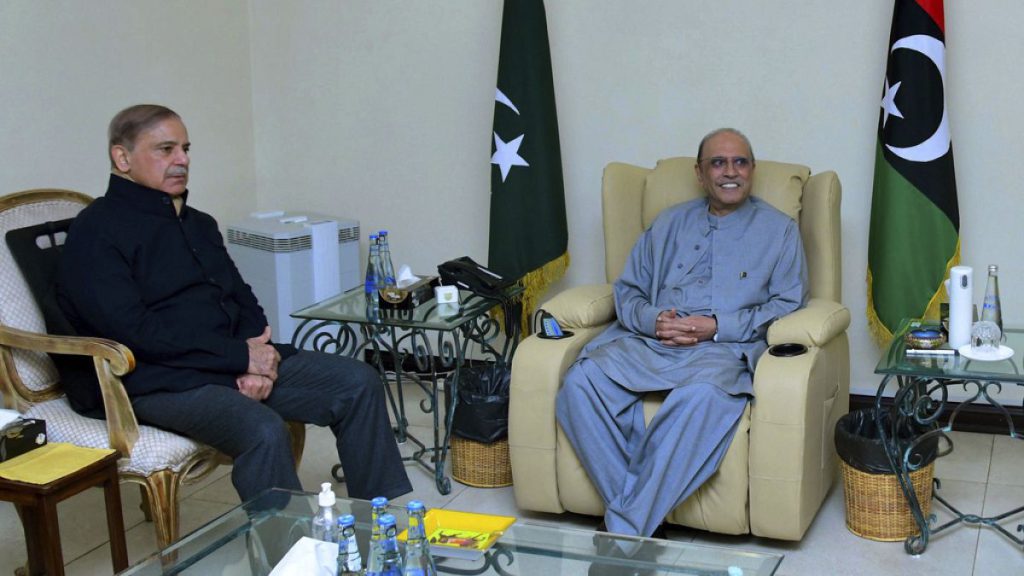 Prime Minister Shehbaz Sharif, left, meets with newly election Pakistan