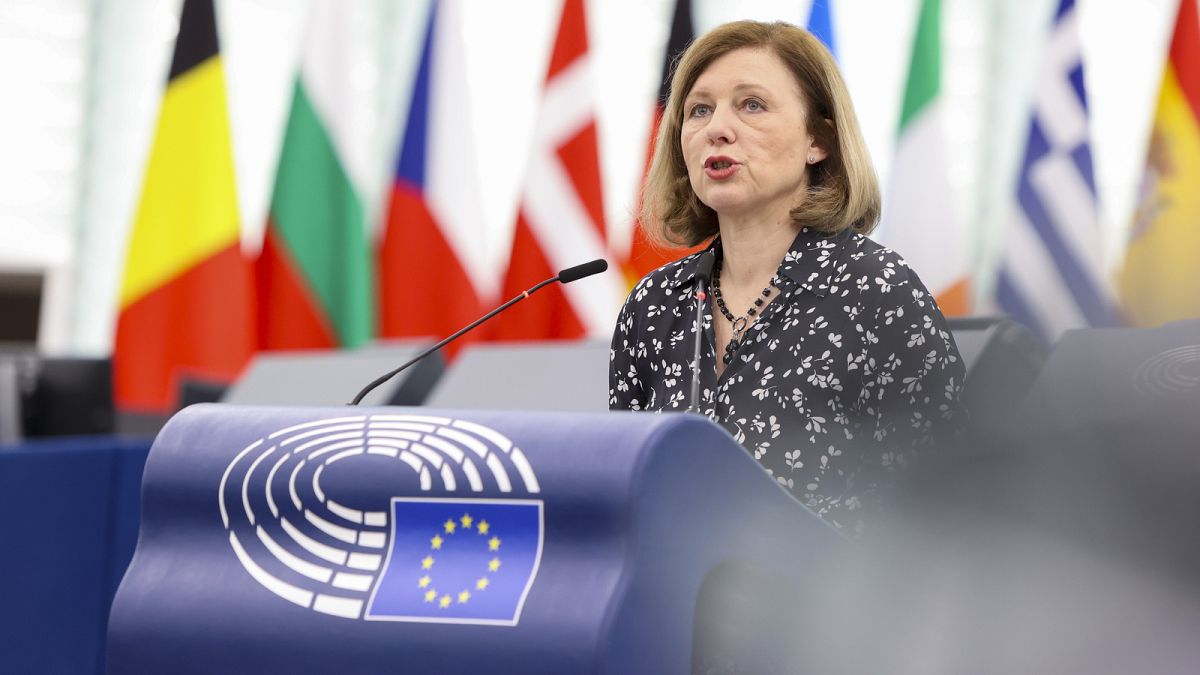 Věra Jourová speaks during the European Parliament debate on the Media Freedom Act, 13 March 2024.