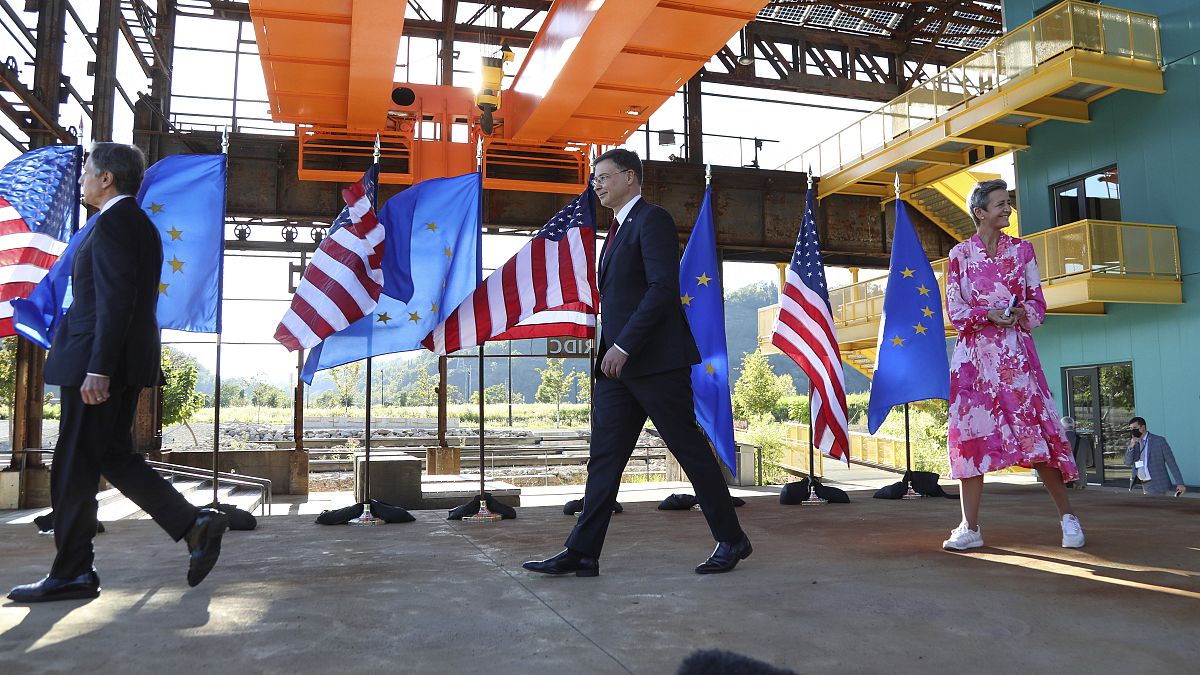 EU commissioners Dombrovskis and Vestager and US state secretary Blinken