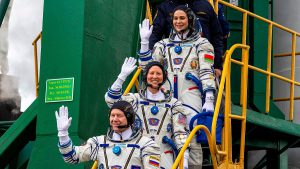 NASA astronaut Tracy Dyson, centre, Oleg Novitsky of Roscosmos, bottom, and Marina Vasilevskaya of Belarus