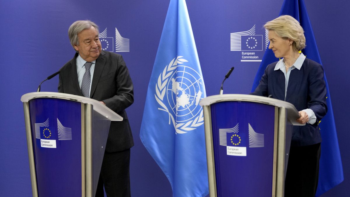 United Nations Secretary General Antonio Guterres, left, and European Commission President Ursula von der Leyen.