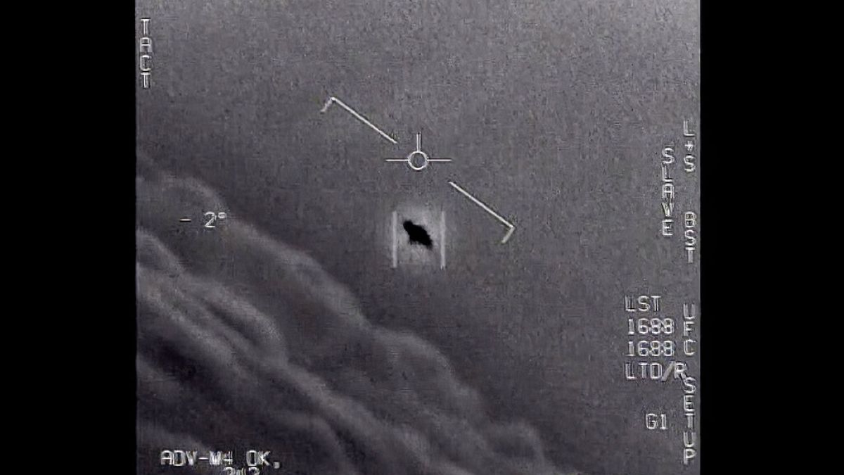 The image from video provided by the Department of Defense labelled Gimbal, from 2015, an unexplained object is seen at center.