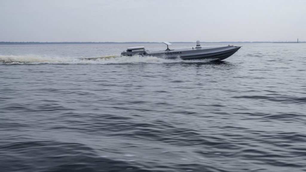 A new released Sea Baby drone "Avdiivka" rides on the water during the presentation by Ukraine
